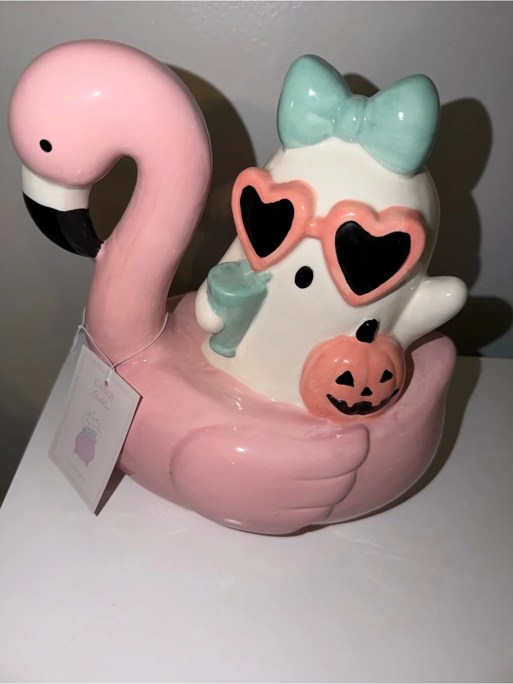 New Halloween/SUMMERWEEN Ghost in Flamingo Pool Float sipping drink
